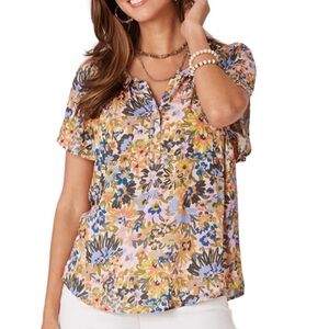 Wit & Wisdom Short Bell Sleeve Ruffle Edge V-Neck Floral Print Woven Top